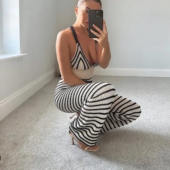 ZARA Openwork High Waist Striped Knit Pants Ecru - Picture 6 of 7